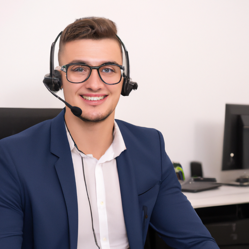 Briarwood support specialist wearing a headset, smiling at a modern bright office, ready to assist.