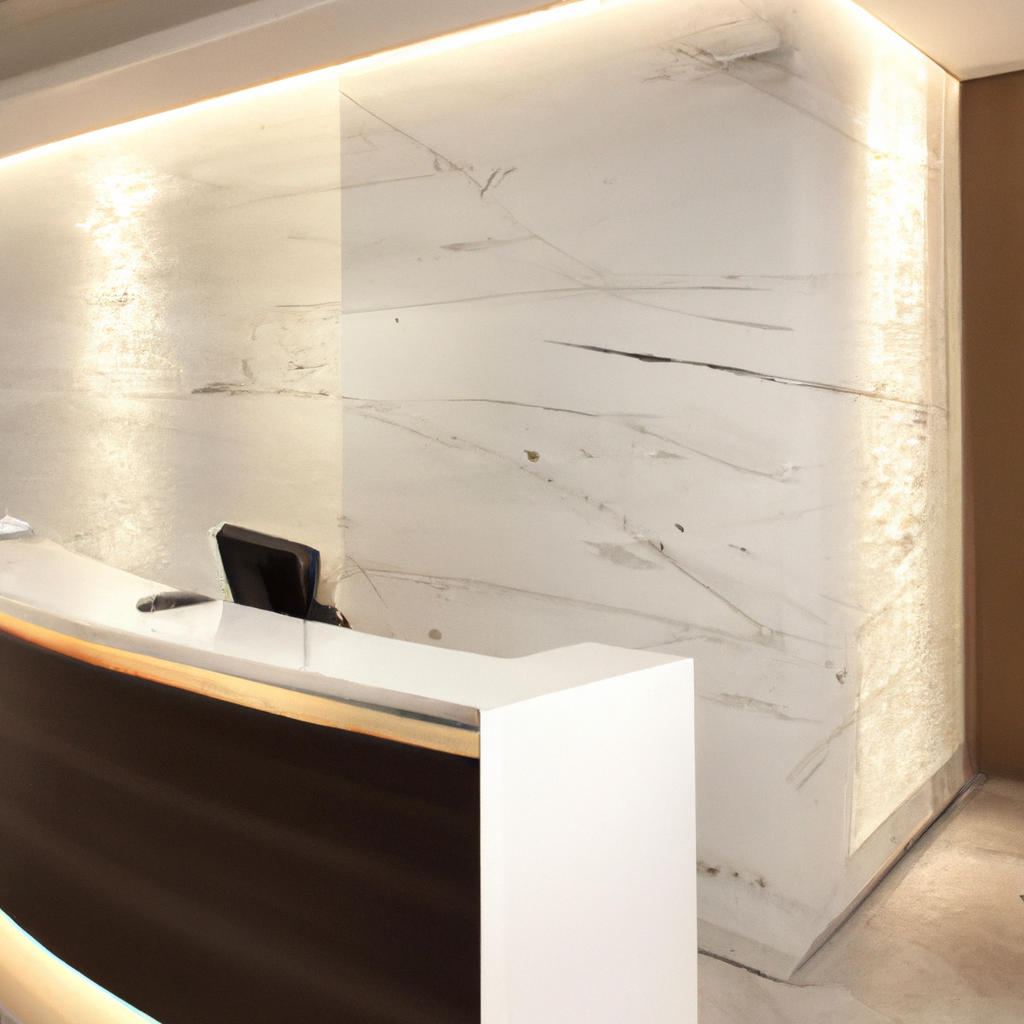 Reception at Briarwood Psychology Courses with warm light, wood accents and glass, welcoming ambiance.