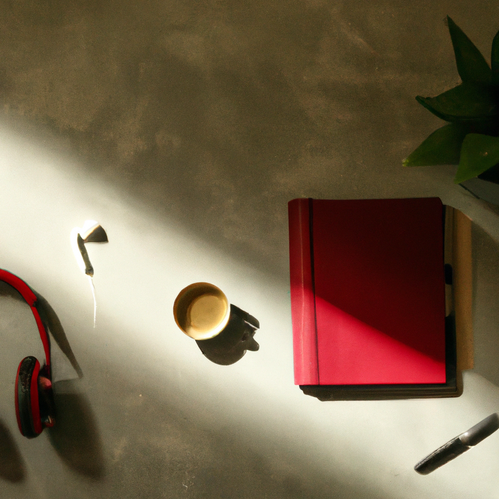 Sunlit desk with notebook and headphones for calm learning